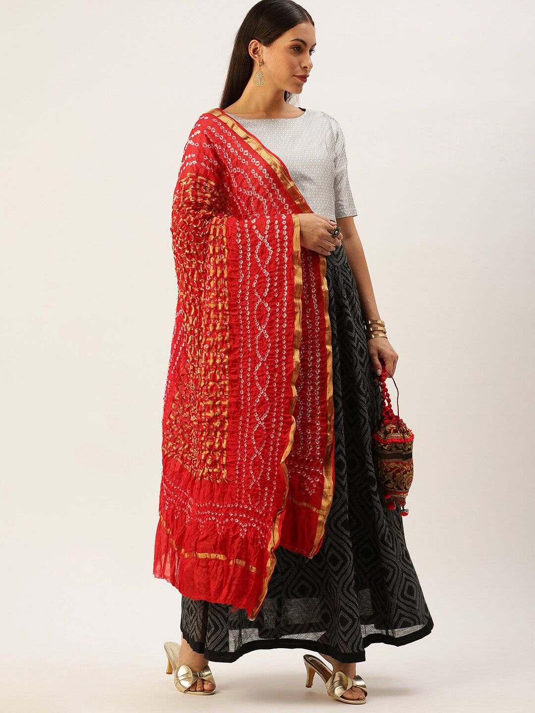 Sanwara Red & Off White Woven Design Pure Silk Dupatta with Zari Price in India