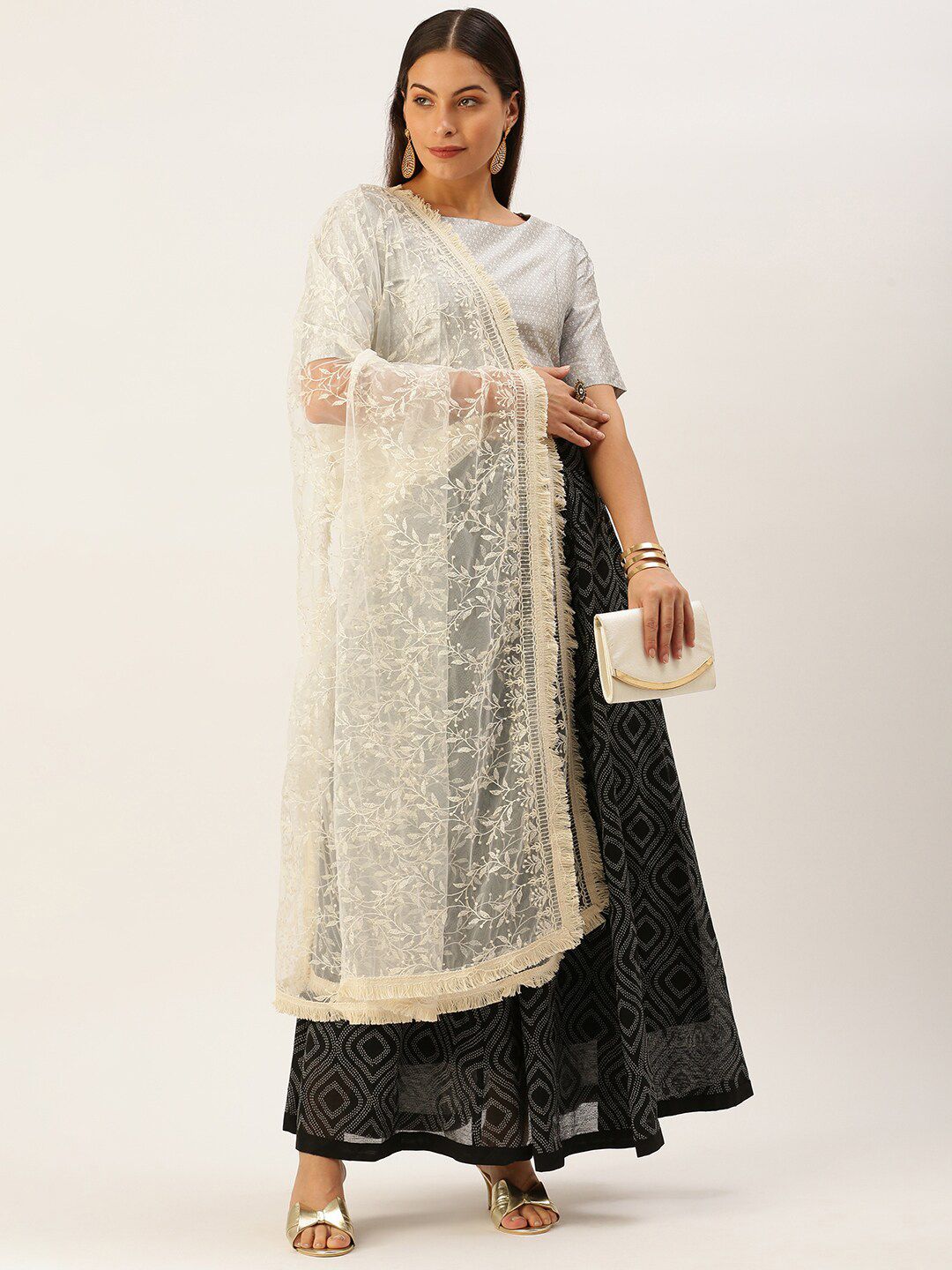 Sanwara White Ethnic Motifs Embroidered Dupatta Price in India