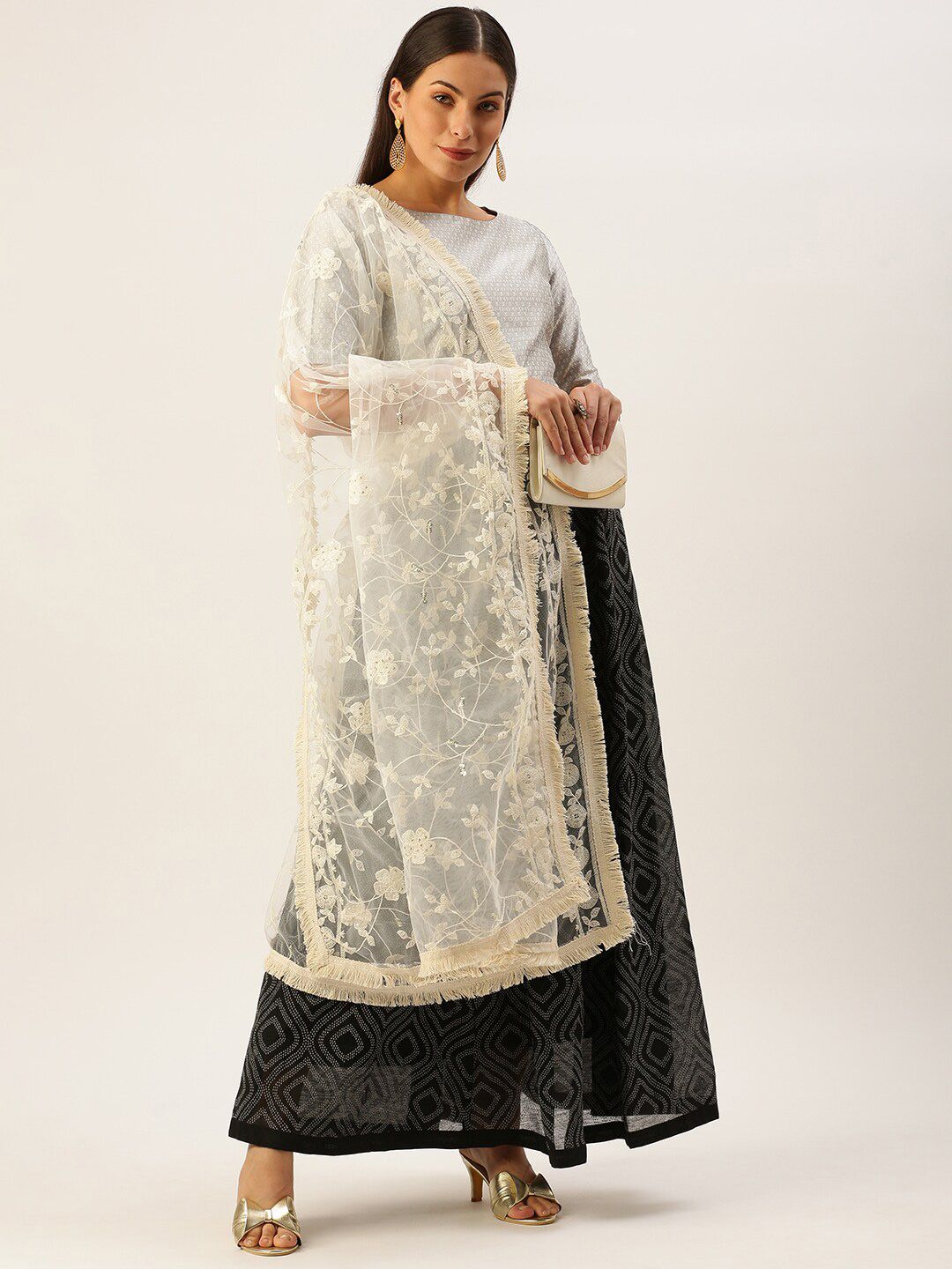 Sanwara White Ethnic Motifs Embroidered Dupatta with Thread Work Price in India