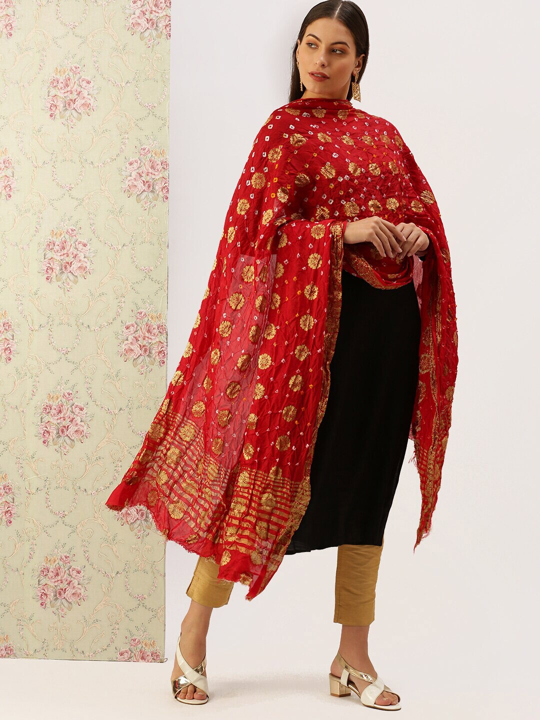 Sanwara Red & Gold-Toned Woven Design Pure Silk Dupatta with Zari Price in India