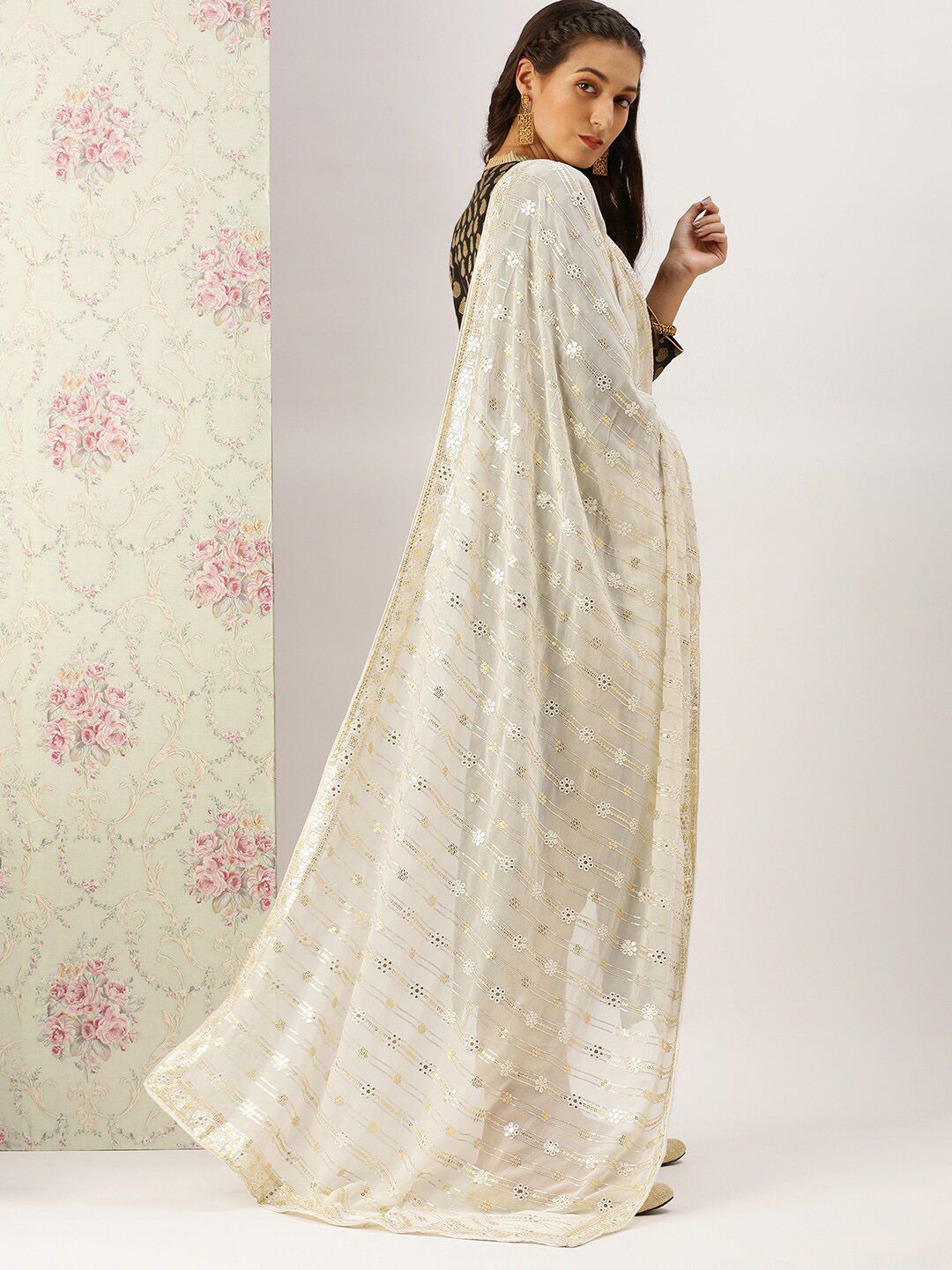 Sanwara White Ethnic Motifs Embroidered Dupatta with Mirror Work Price in India