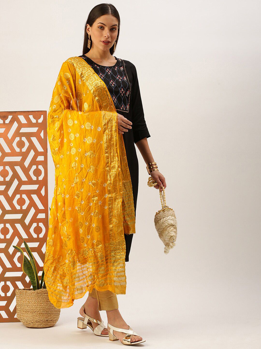 Sanwara Yellow & Gold-Toned Woven Design Pure Silk Dupatta with Zari Price in India