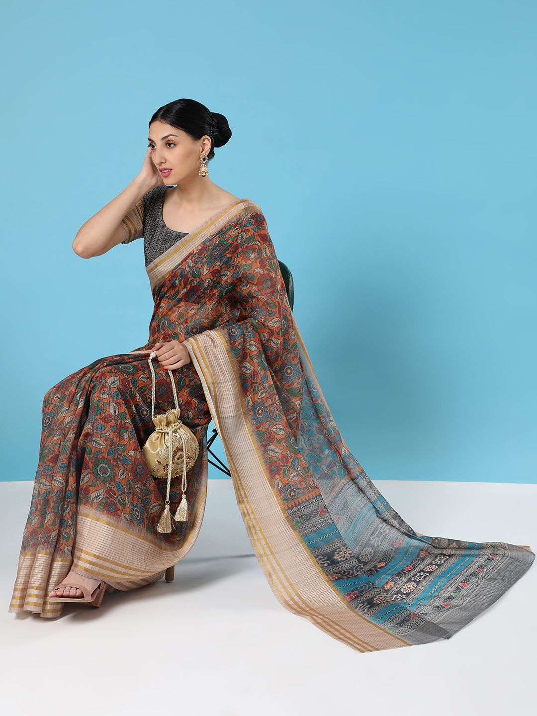 MISHRI COLLECTION Maroon & Orange Floral Linen Blend Bandhani Saree