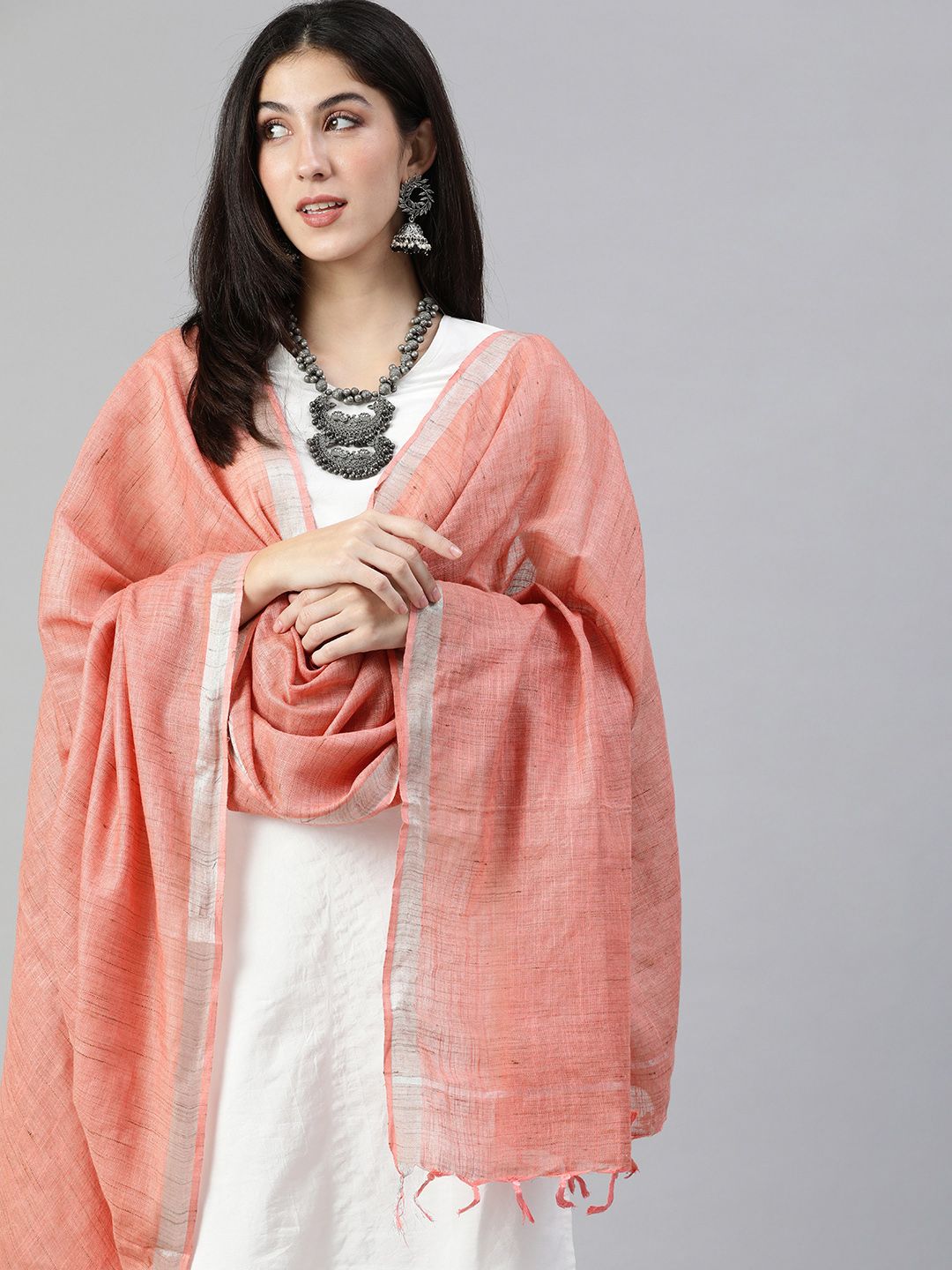 swatika Peach-Coloured Solid Bhagalpuri Dupatta Price in India