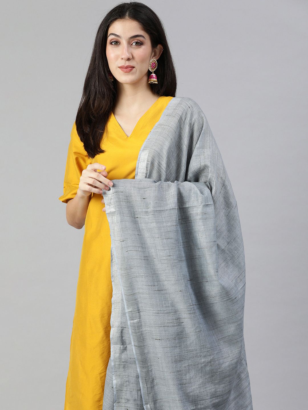 swatika Grey & Silver Woven Design Bhagalpuri Dupatta Price in India