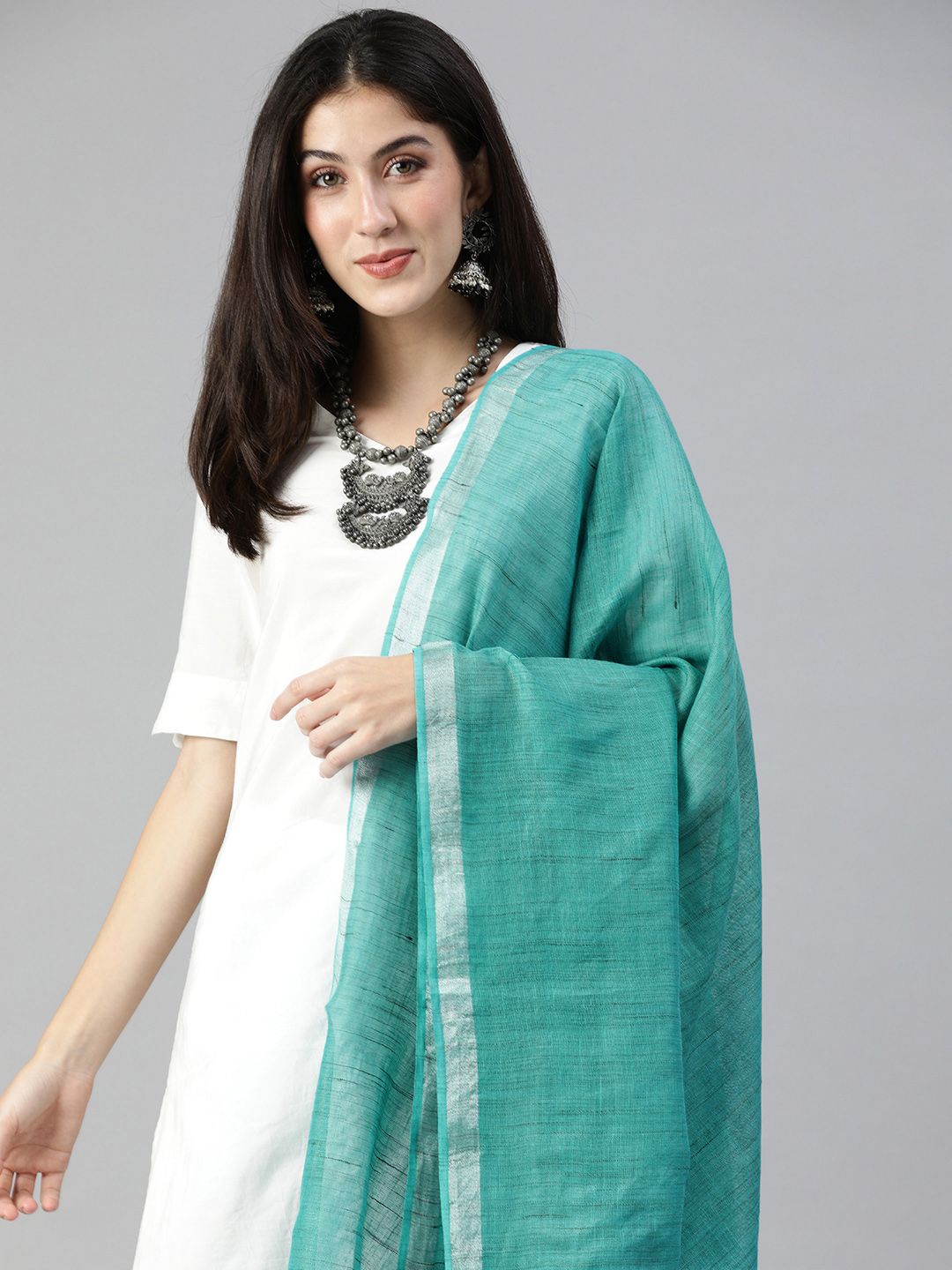 swatika Blue & Silver Woven Design Bhagalpuri Dupatta Price in India