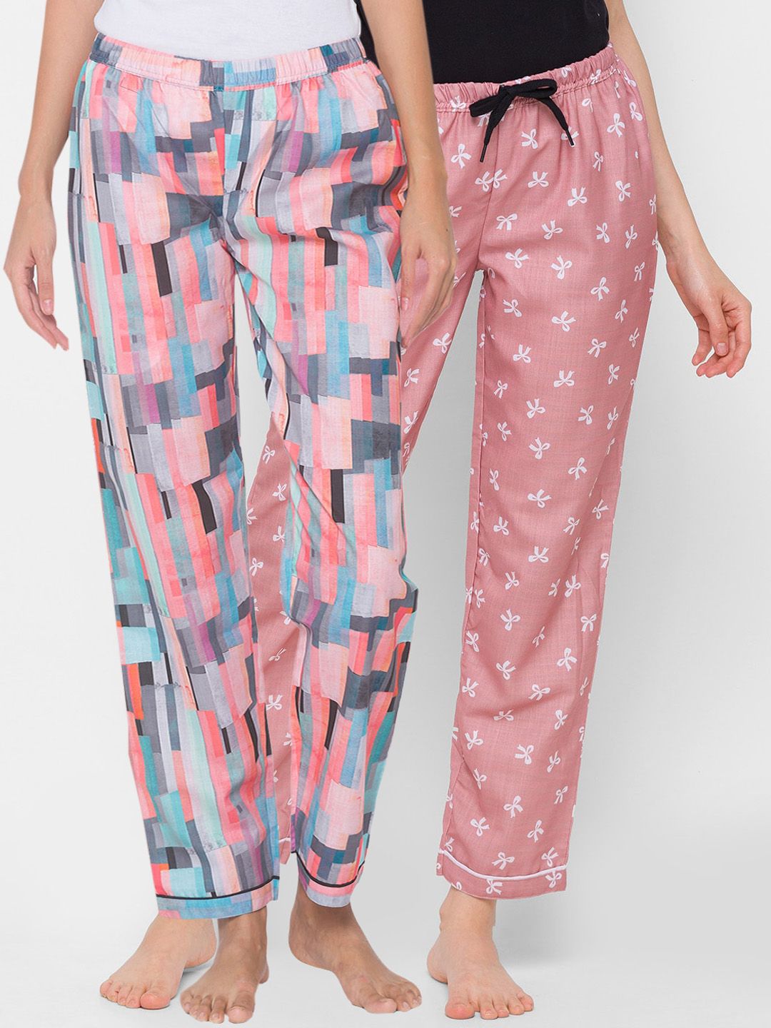 FashionRack Women Pink & White Pack of 2 Printed Lounge Pants Price in India