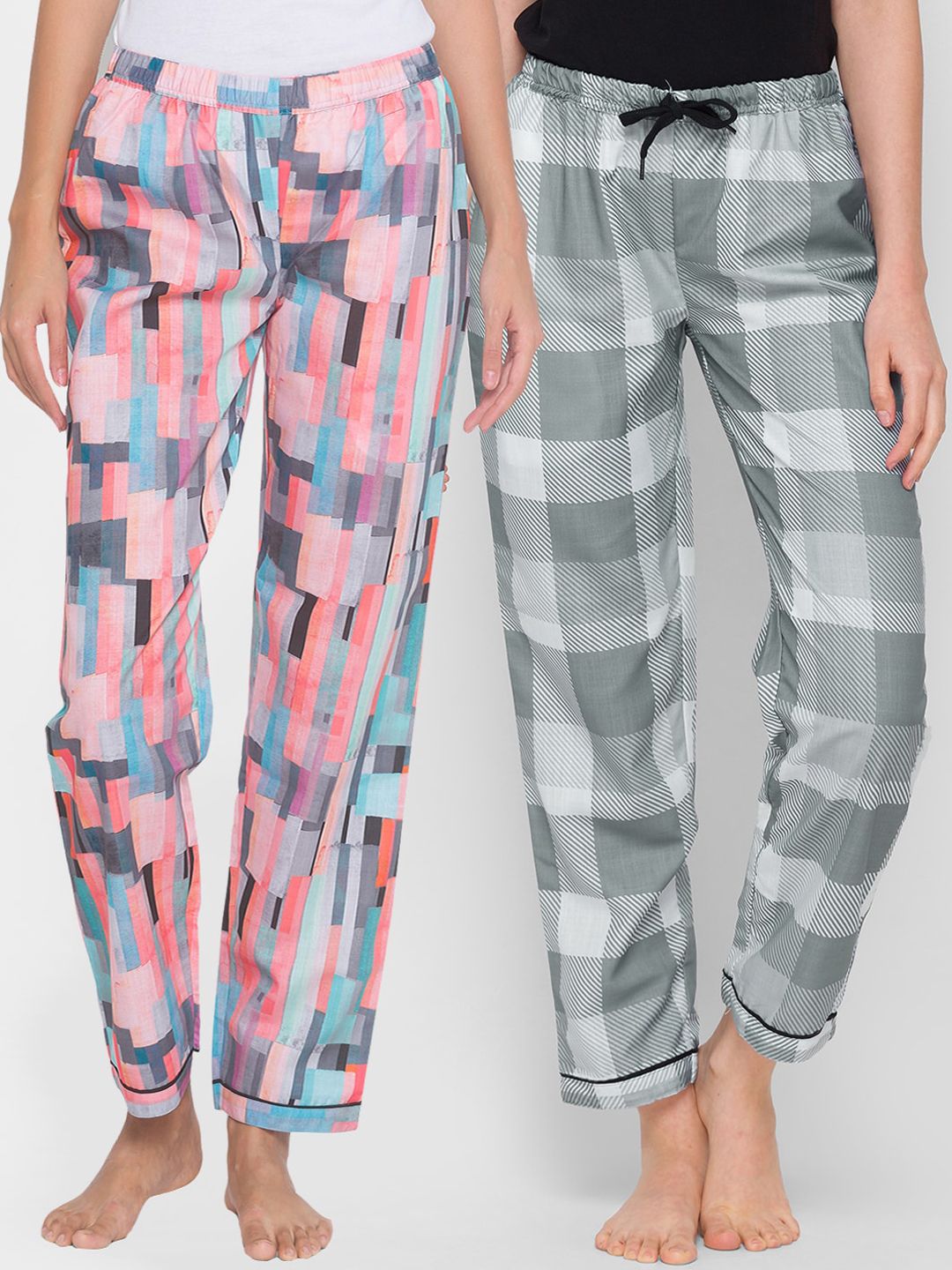 FashionRack Women Pink & Grey Pack Of 2 Checked Cotton Lounge Pants Price in India