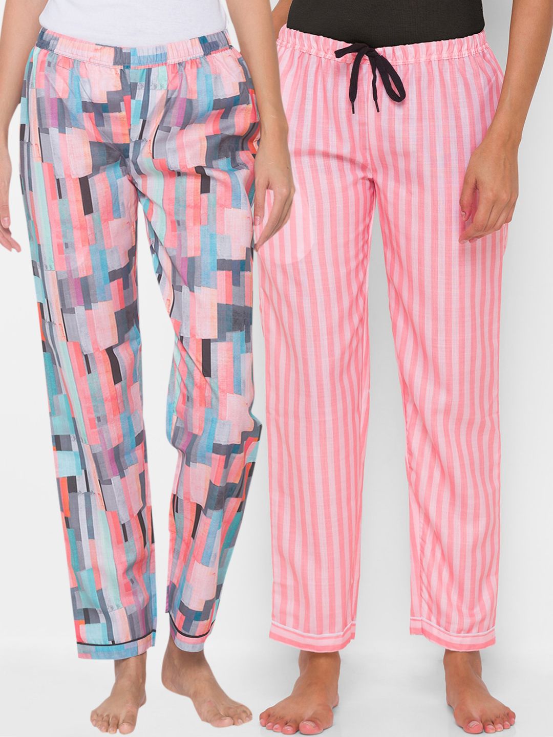 FashionRack Women Pack of 2 Pink & Blue Printed Cotton Lounge Pants Price in India