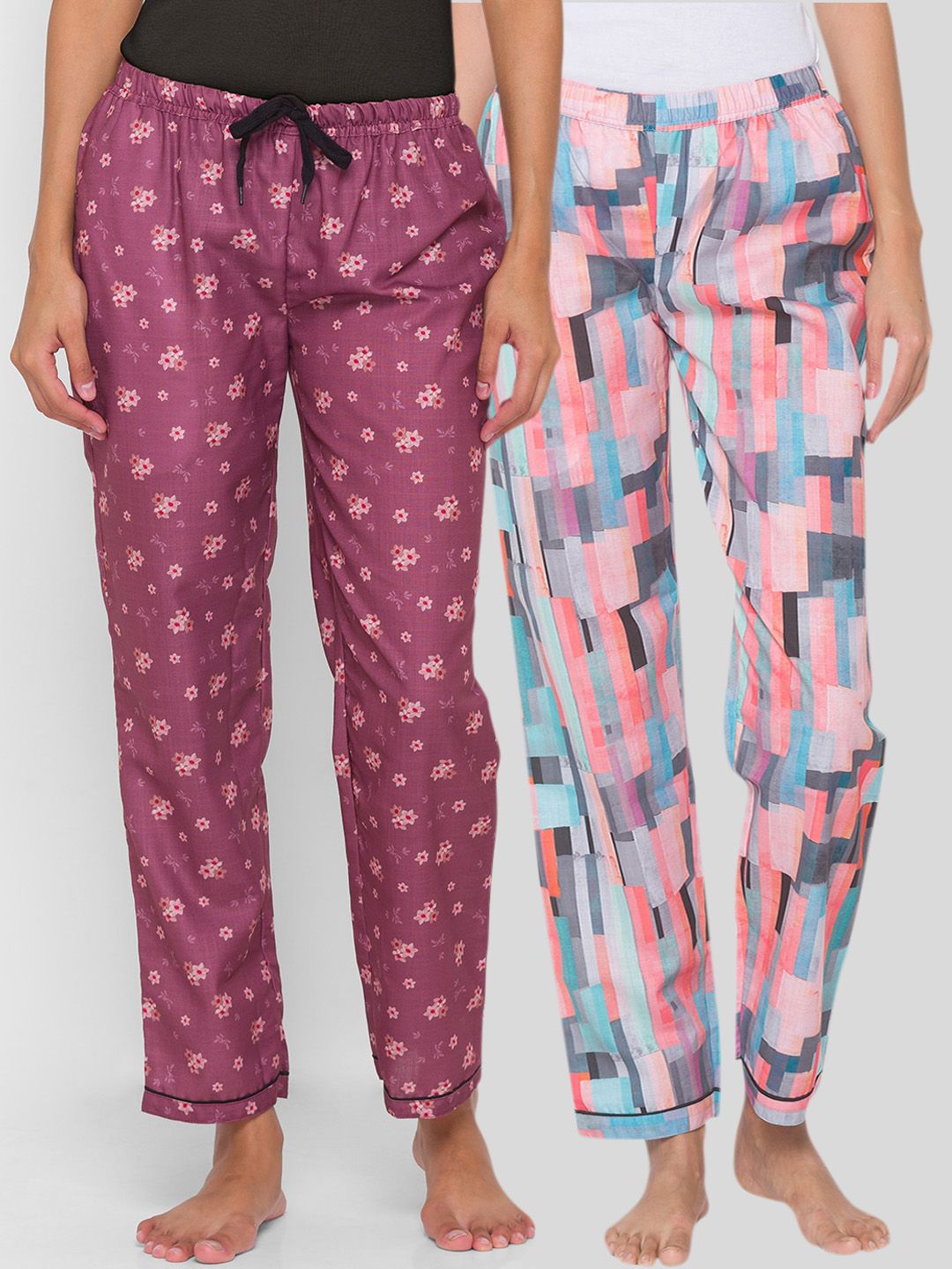 FashionRack Women Purple & Pink Pack of 2 Printed Lounge Pants Price in India