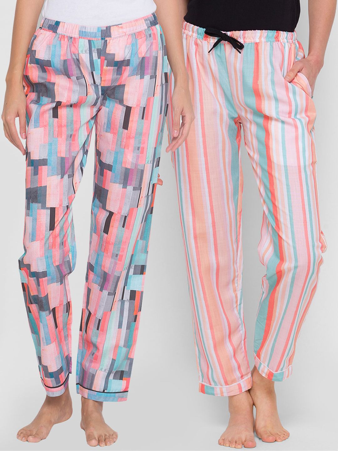 FashionRack Pack of 2 Pink Striped Cotton Lounge Pants Price in India