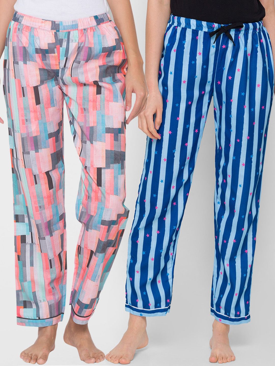 FashionRack Women Pack of 2 Blue Stripes & Pink Printed Cotton Lounge Pants Price in India