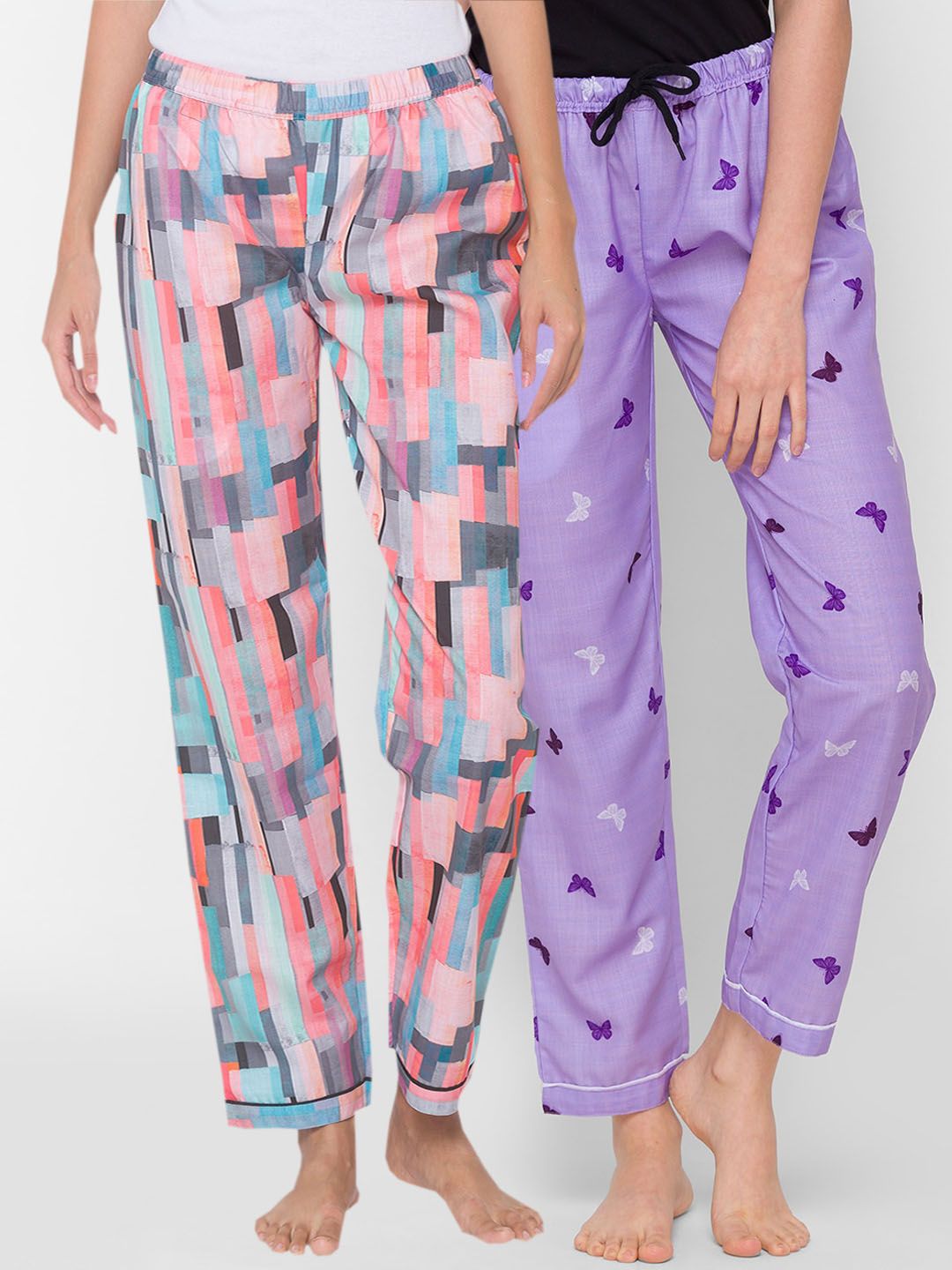 FashionRack Women Pink & Violet Pack of 2 Printed Cotton Lounge Pants Price in India