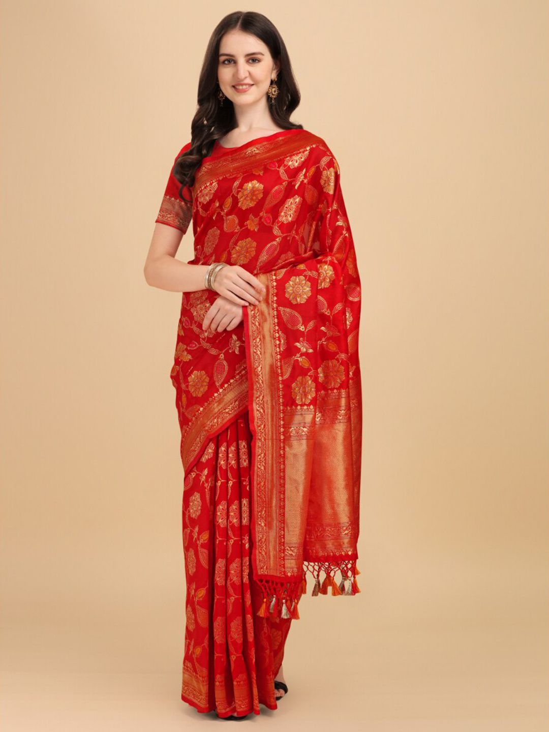 Wuxi Red & Gold-Toned Woven Design Zari Pure Silk Banarasi Saree Price in India
