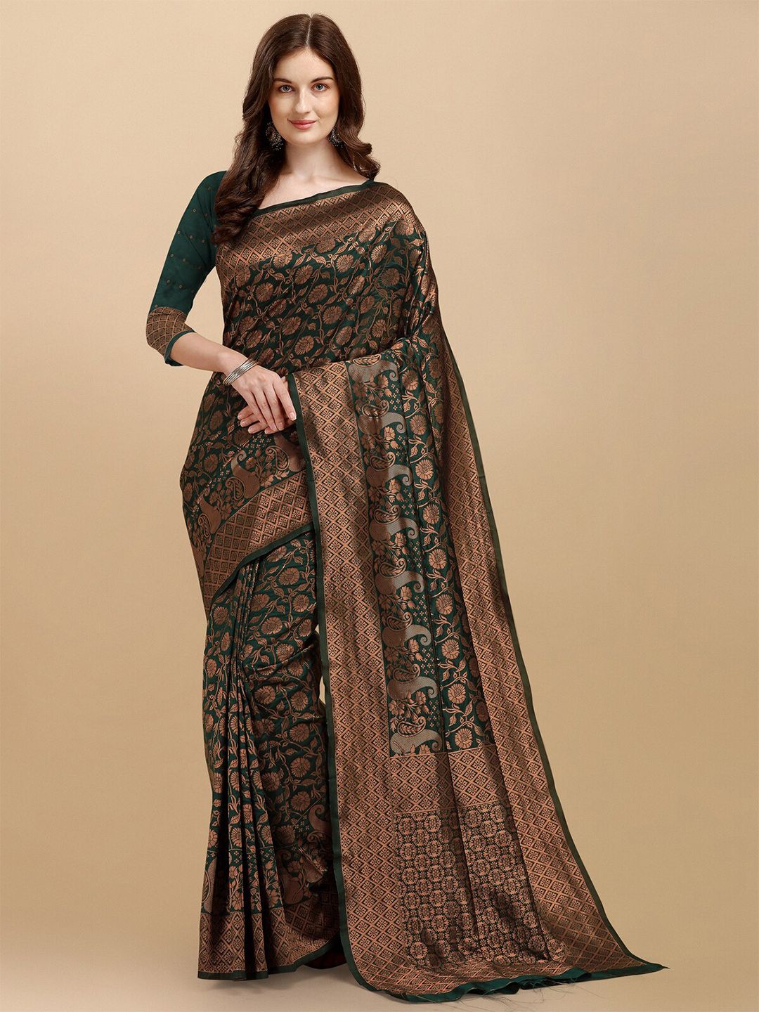 Wuxi Green & Copper-Toned Woven Design Zari Pure Silk Banarasi Saree Price in India