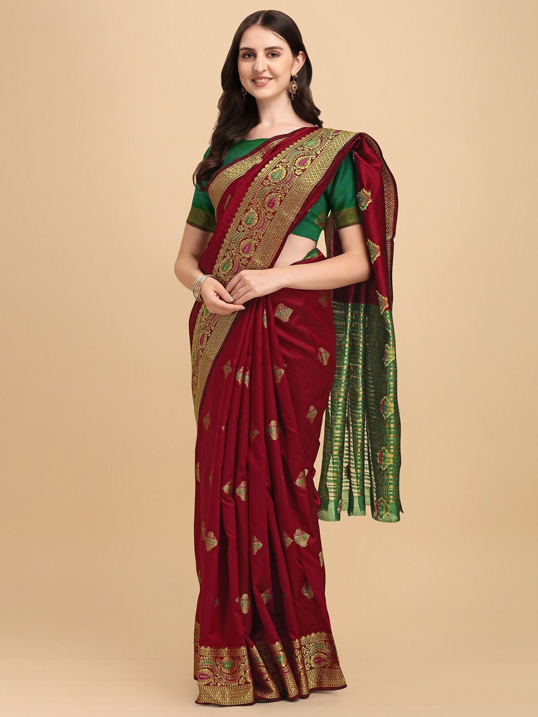 Wuxi Maroon & Green Woven Design Zari Pure Cotton Banarasi Saree Price in India