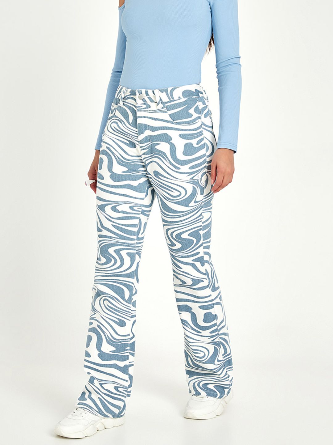 Styli Women Blue & White Printed Flared High-Rise Pure Cotton Jeans Price in India