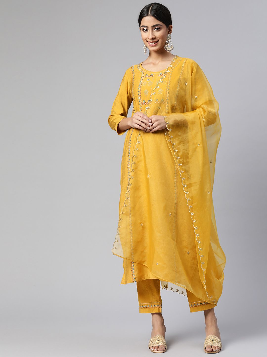 SheWill Women Mustard Yellow Ethnic Motifs Embroidered Kurta with Trousers & Dupatta Price in India