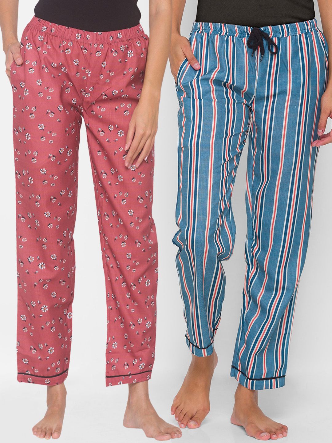 FashionRack Women Set of 2 Pink & Blue Printed Cotton Lounge Pants Price in India