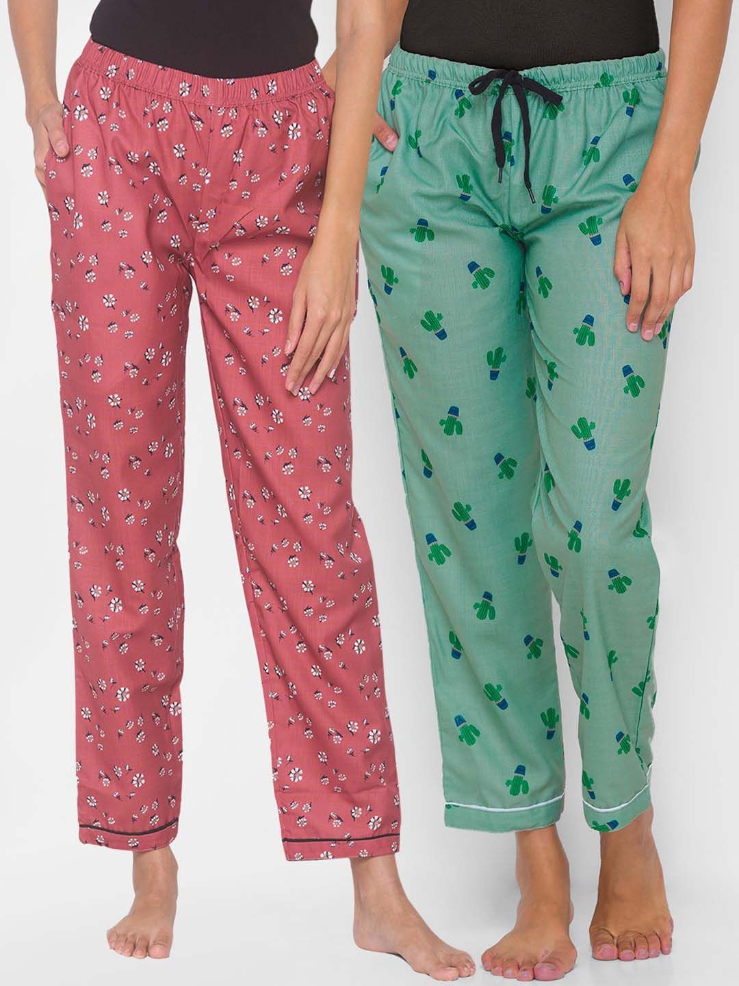 FashionRack Women Set of 2 Pink & Green Printed Cotton Lounge Pants Price in India