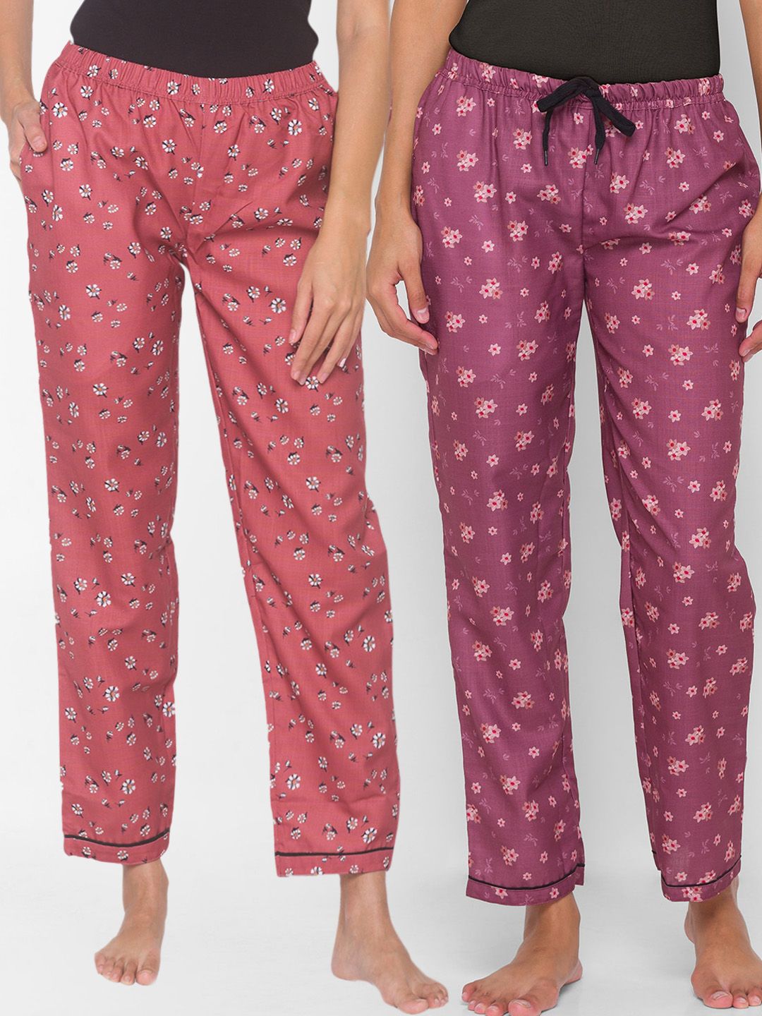 FashionRack Pack of 2 Purple & Brown Printed Cotton Lounge Pants Price in India