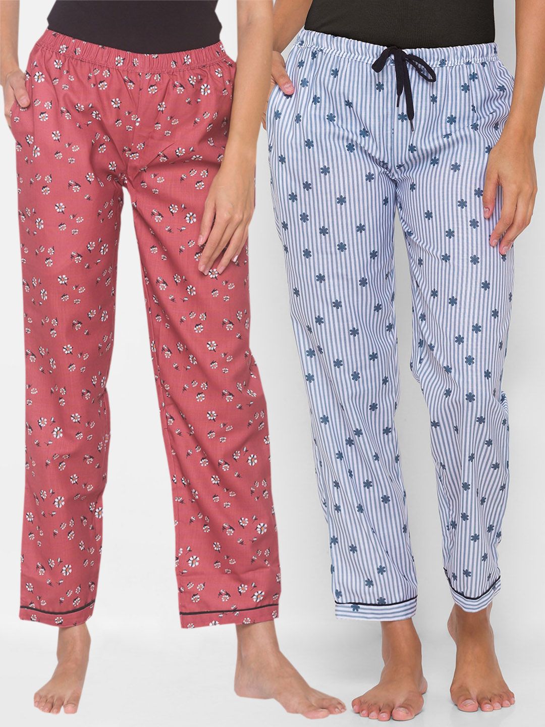 FashionRack Women Pack of 2 Rust & Blue Printed Cotton Lounge Pants Price in India