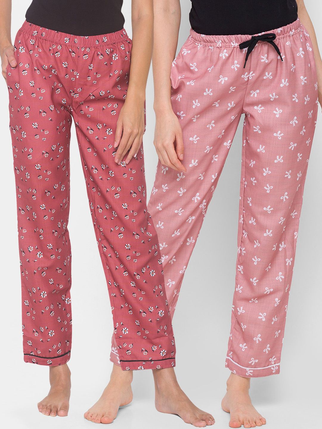 FashionRack Women Coral & Pink Pack of 2 Printed Cotton Lounge Pants Price in India