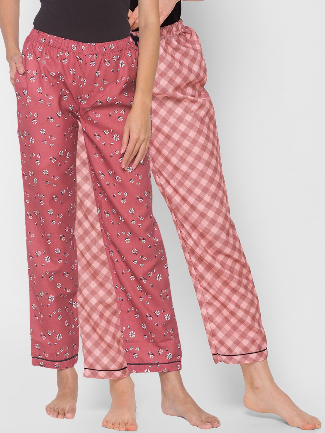 FashionRack Women Set of 2 Pink Printed Cotton Lounge Pants Price in India