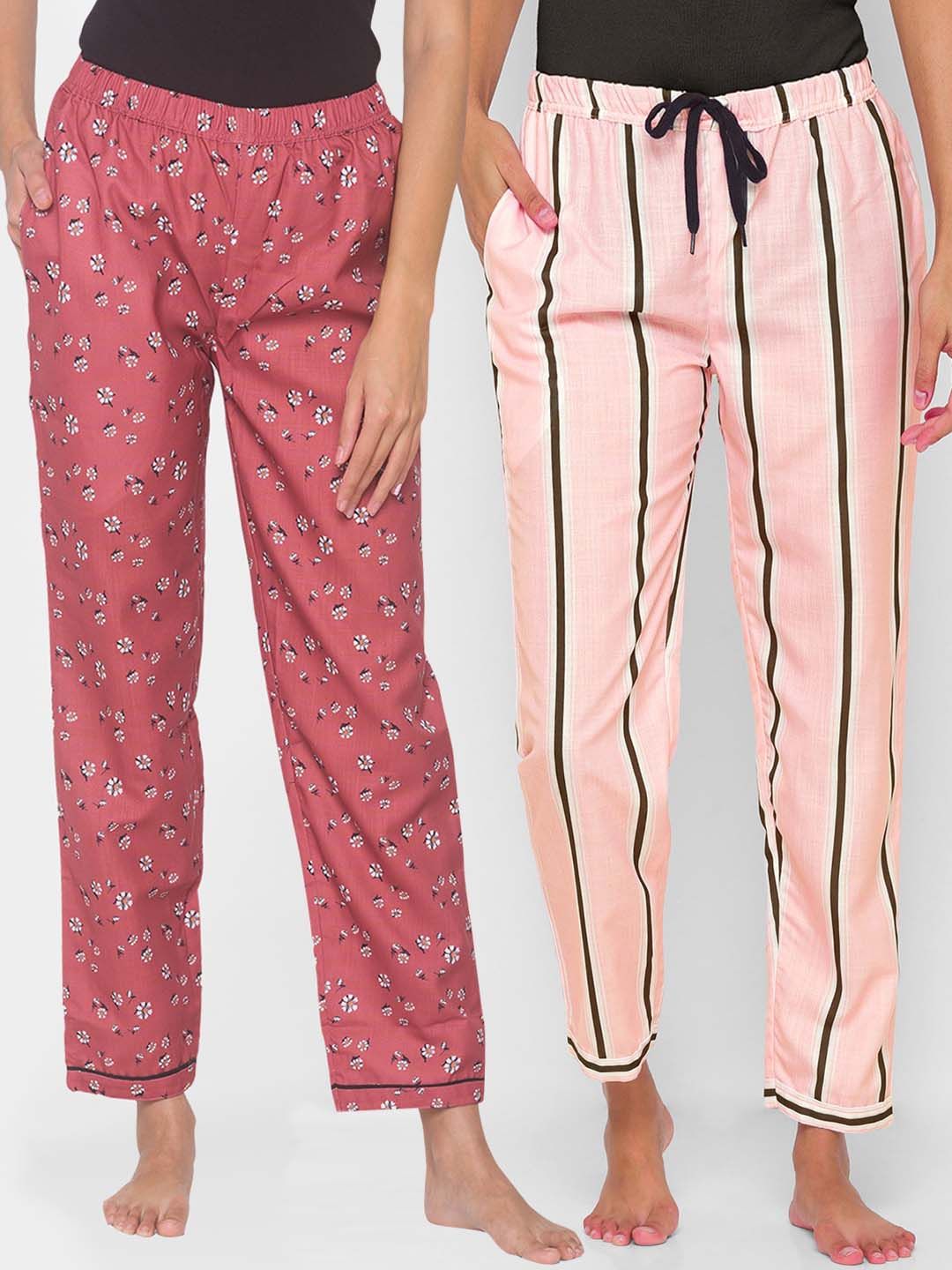 FashionRack Pack of 2 Pink & Brown Printed Cotton Lounge Pants Price in India