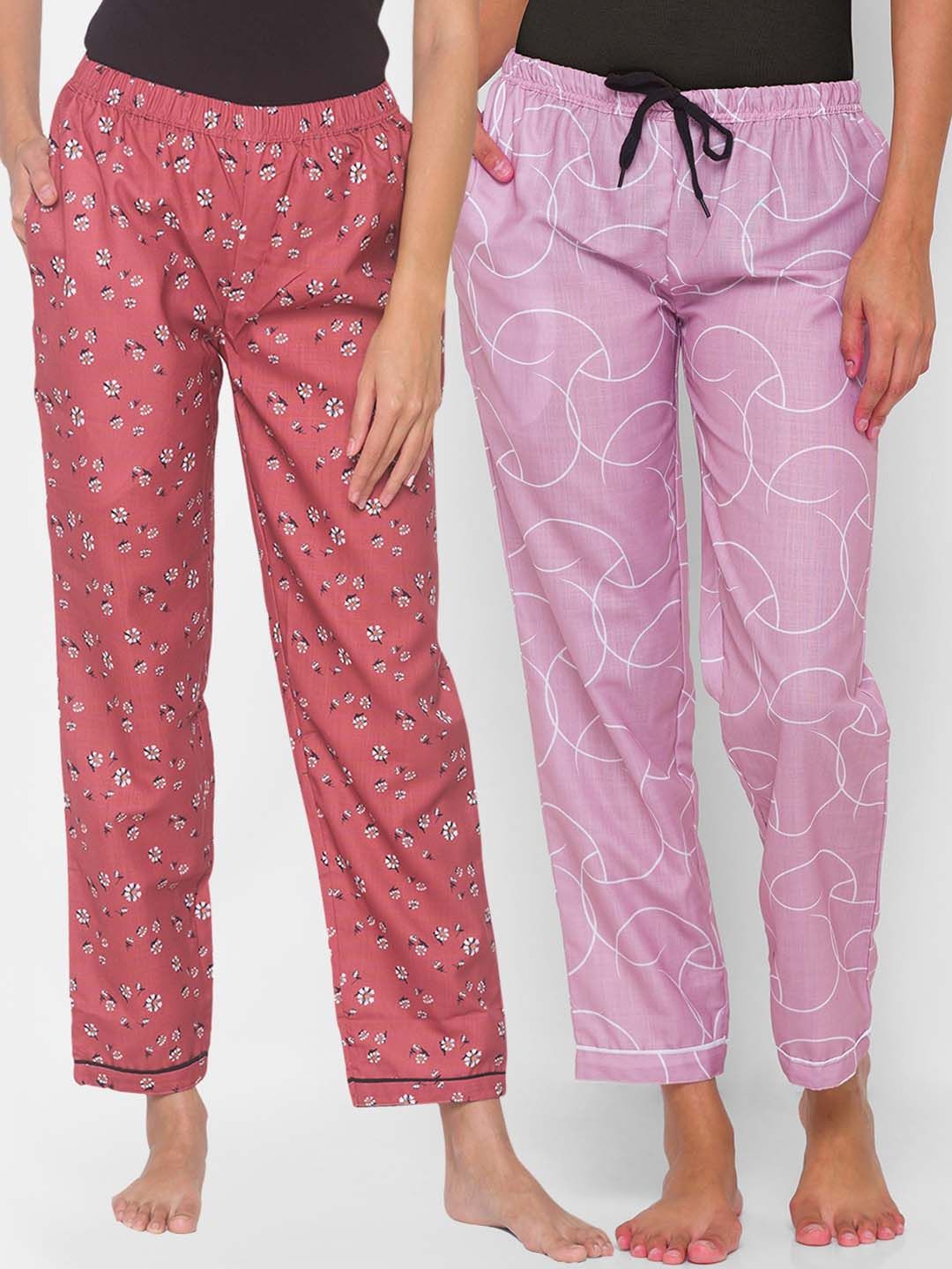 FashionRack Women Pack of 2 Brown & Pink Printed Cotton Lounge Pants Price in India