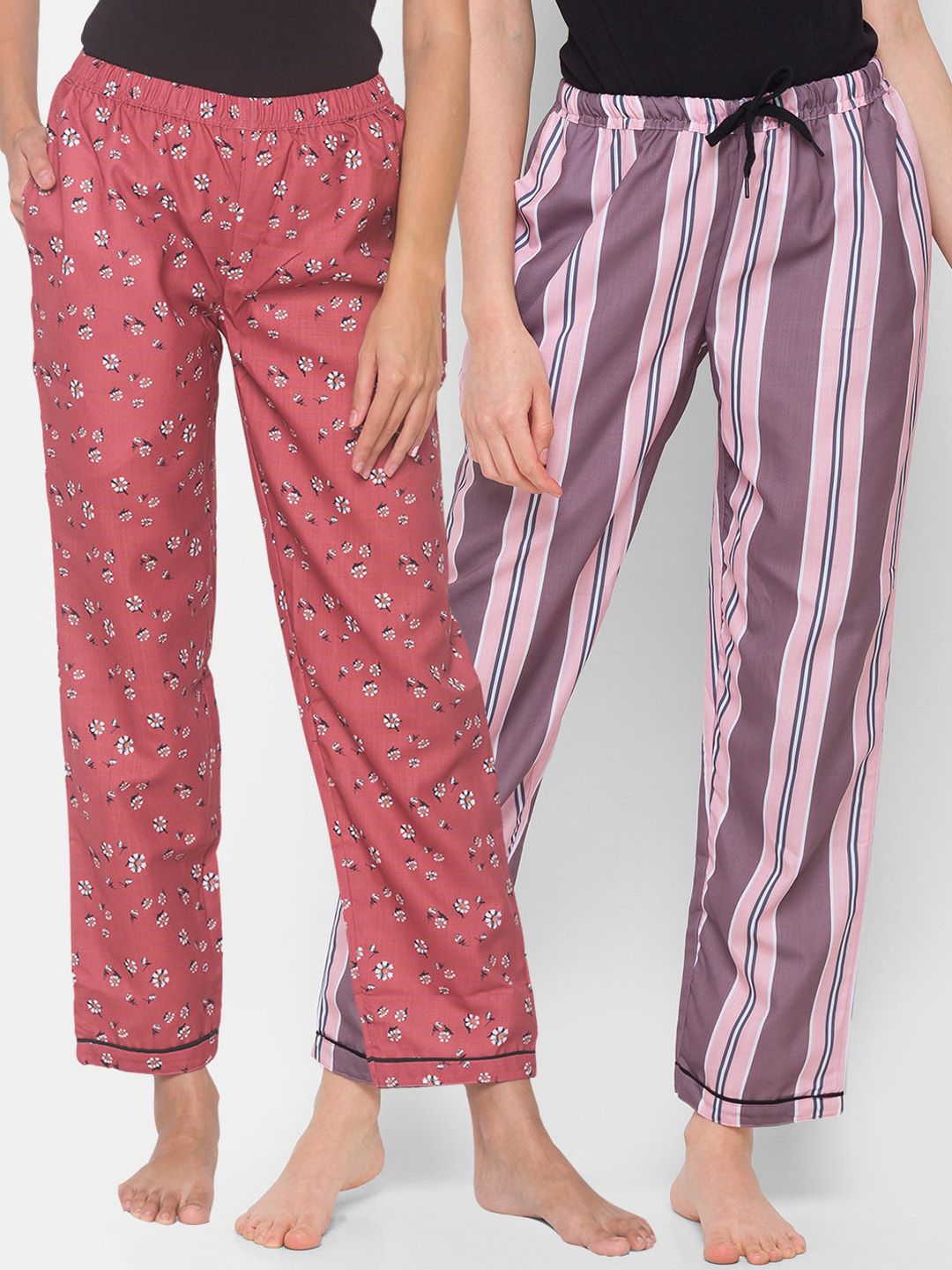 FashionRack Women Brown and Pink Pack of 2 Printed Lounge Pants Price in India