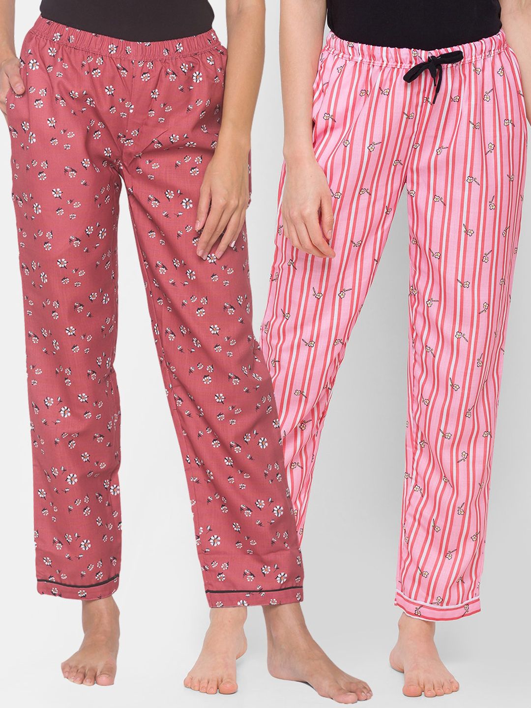 FashionRack Pack of 2 Pink & Brown Printed Cotton Lounge Pants Price in India