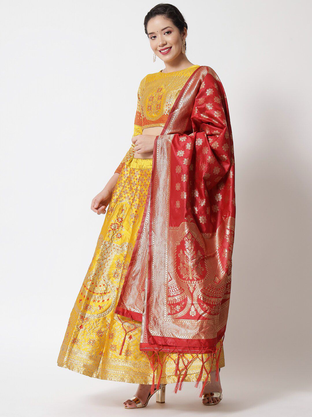 Mitera Yellow & Red Semi-Stitched Lehenga & Unstitched Blouse With Dupatta Price in India