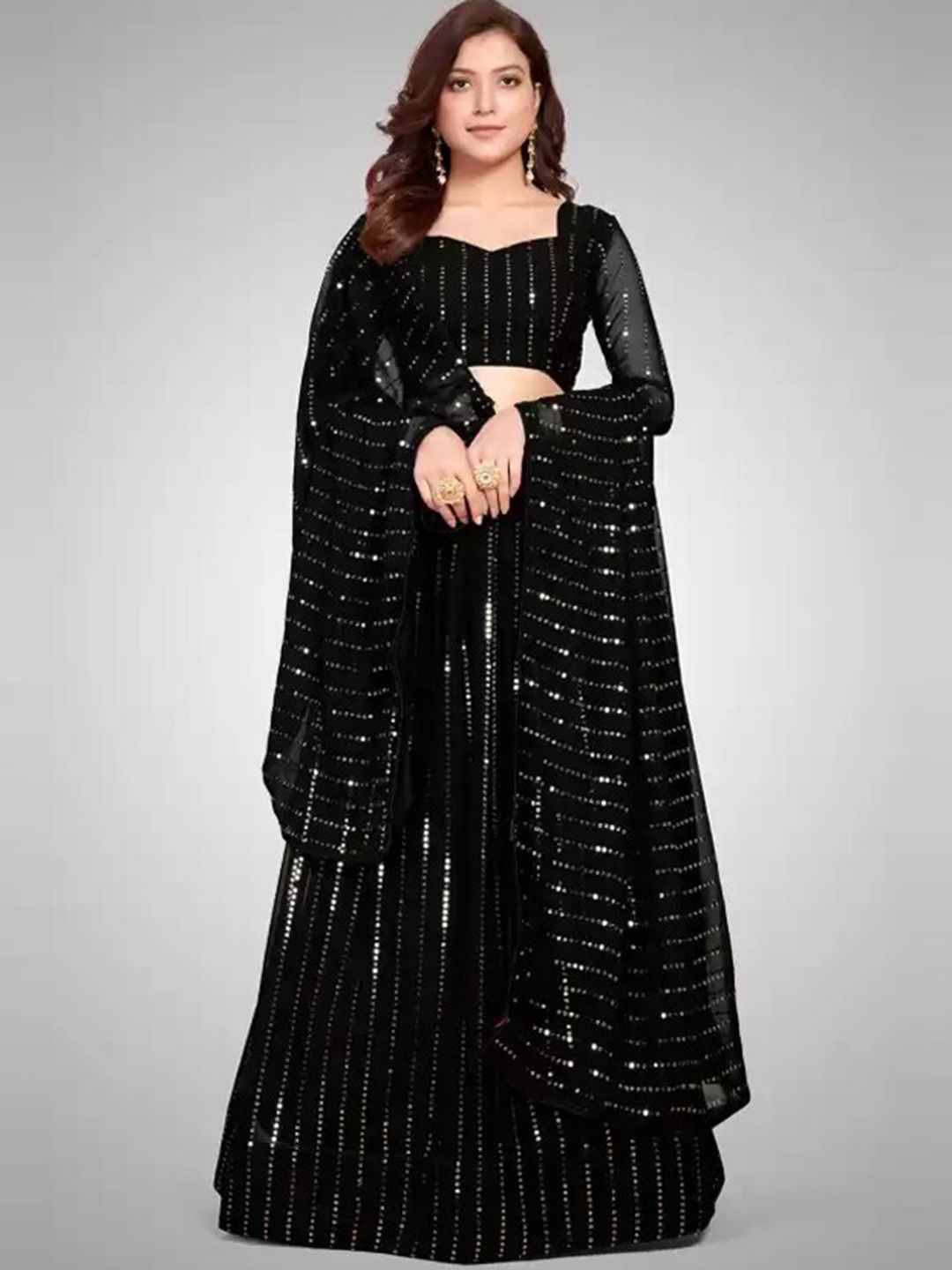 Fashionuma Black Embroidered Sequinned Semi-Stitched Lehenga & Unstitched Blouse With Dupatta Price in India