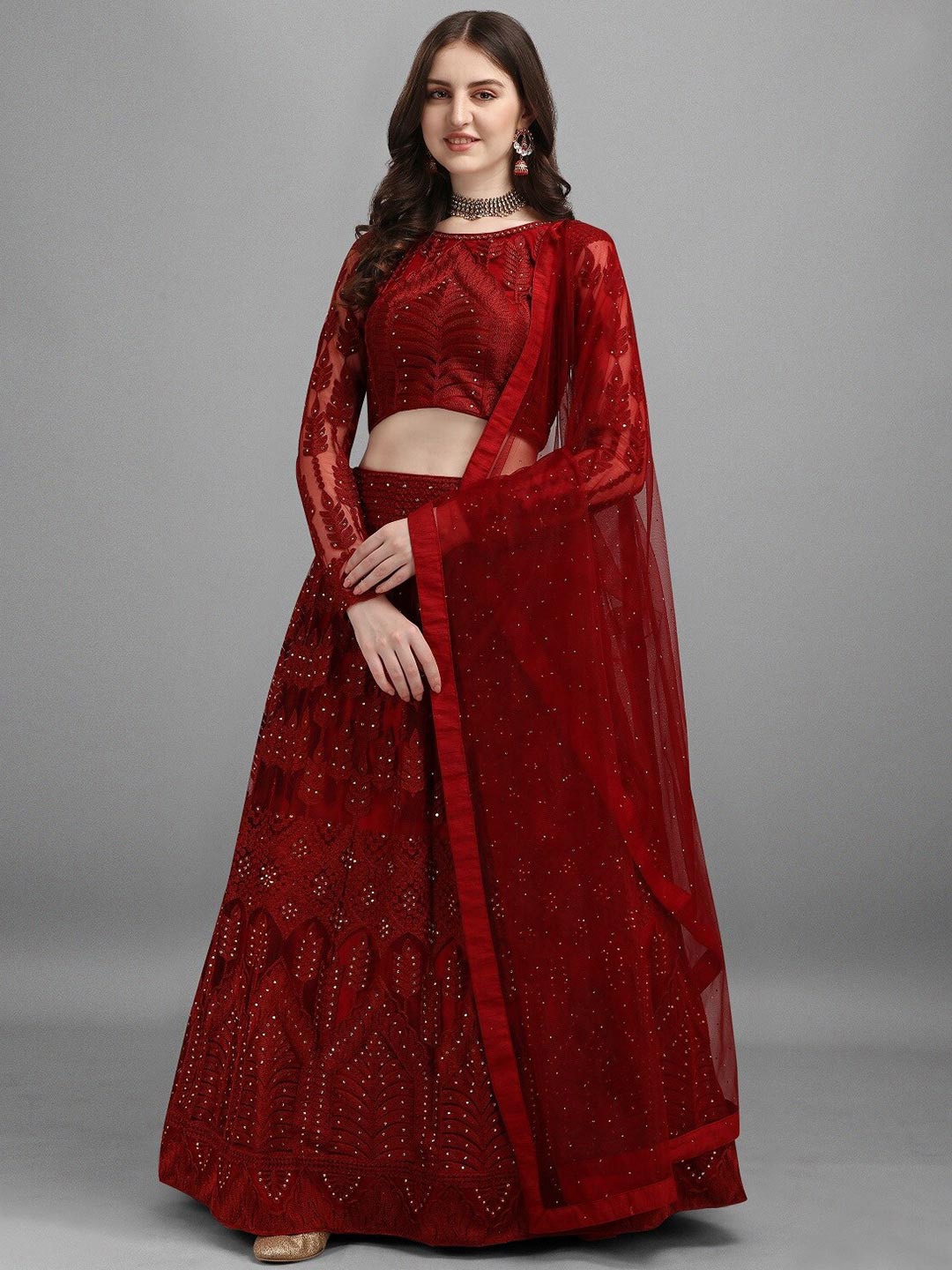 Fashionuma Red Embroidered Patchwork Semi-Stitched Lehenga & Unstitched Blouse With Dupatta Price in India