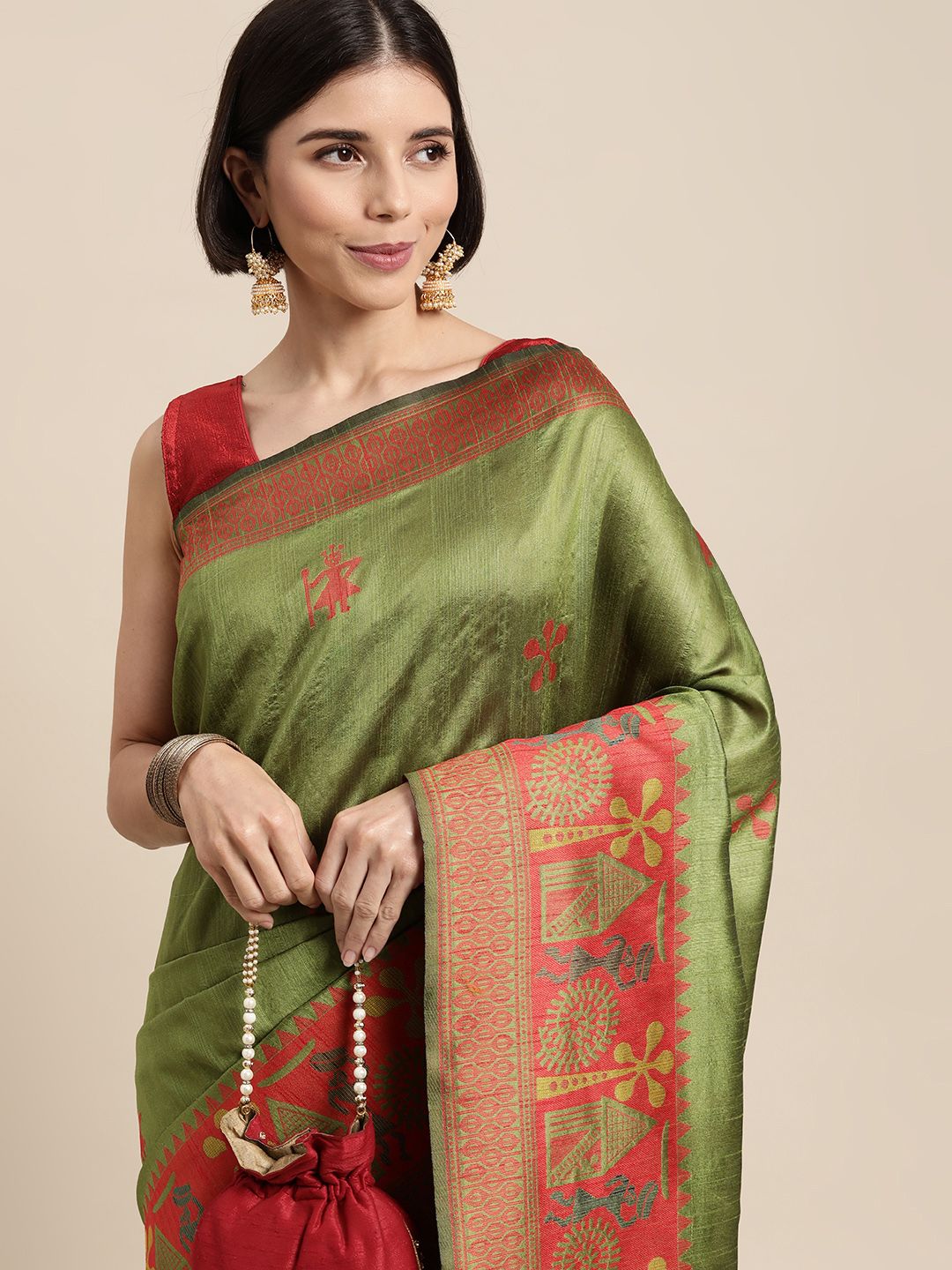 Mitera Green & Red Warli Raw Silk Saree Price in India