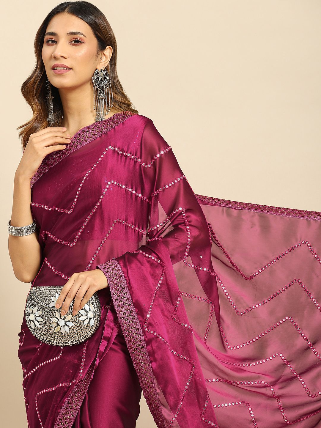 all about you Pink Striped Mirror Work Saree