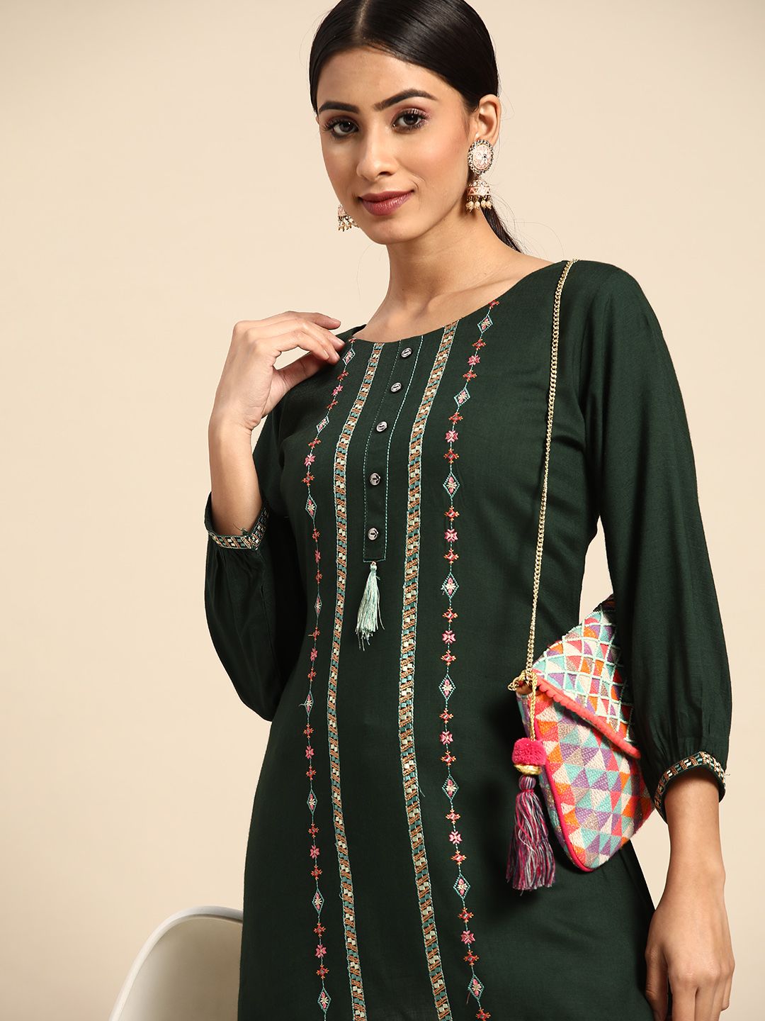 Sangria Green Ethnic Motifs Embroidered Top Price in India