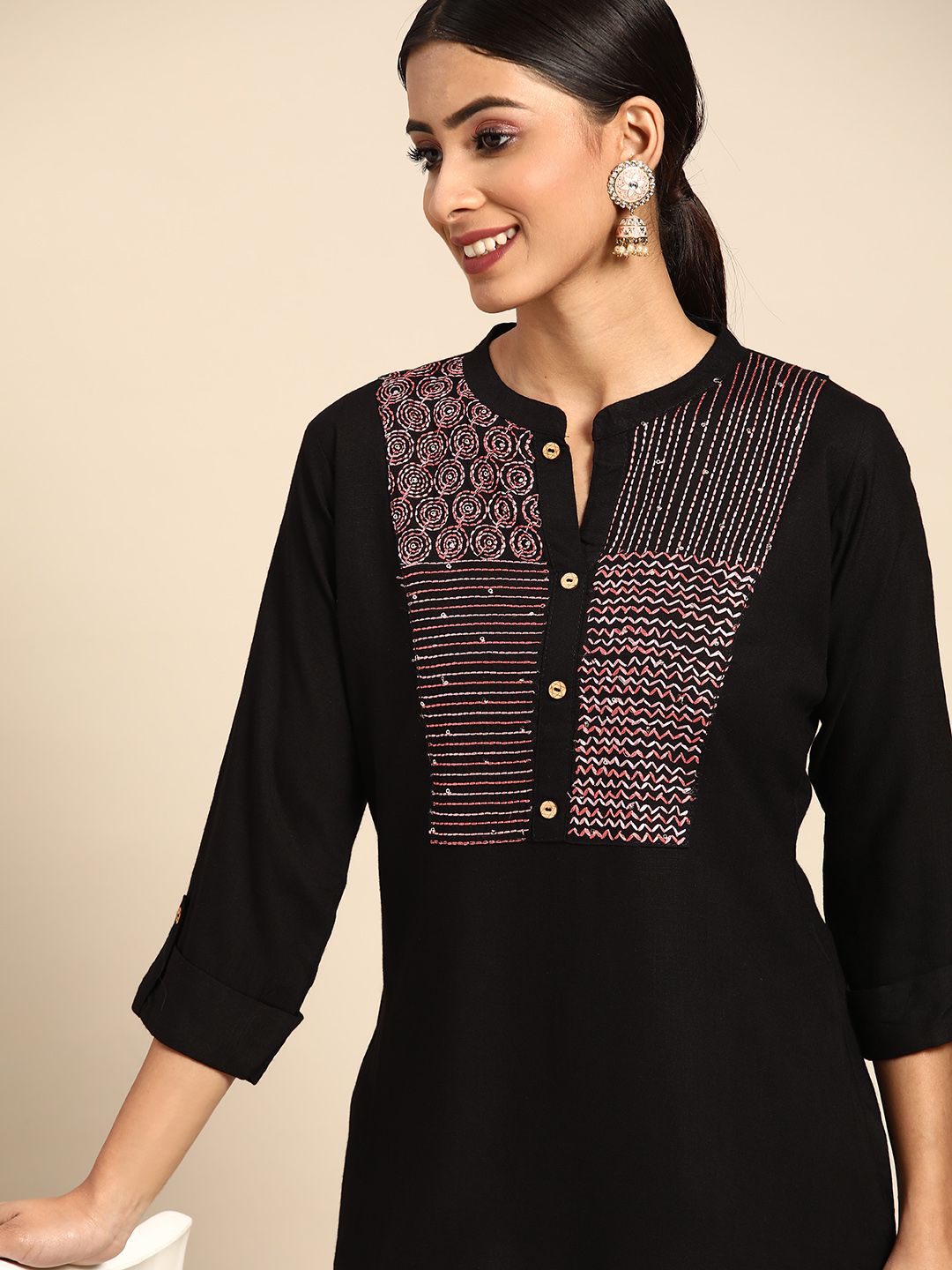 Sangria Black Yoke Embroidered A-Line Top Price in India