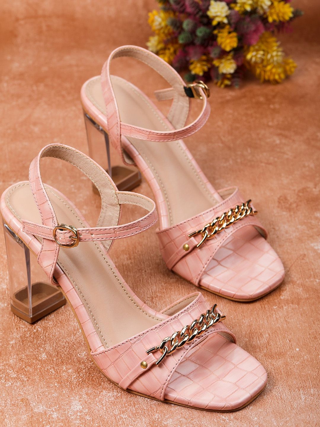 H3F Pink Leather Party Block Pumps Price in India