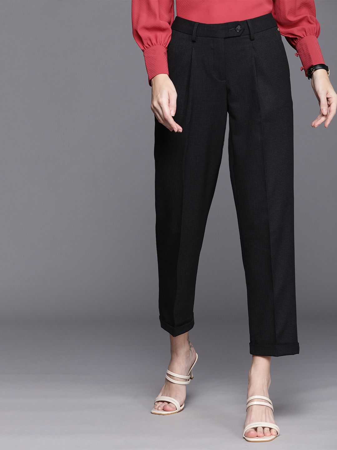 Allen Solly Woman Women Black Checked High-Rise Pleated Trousers Price in India