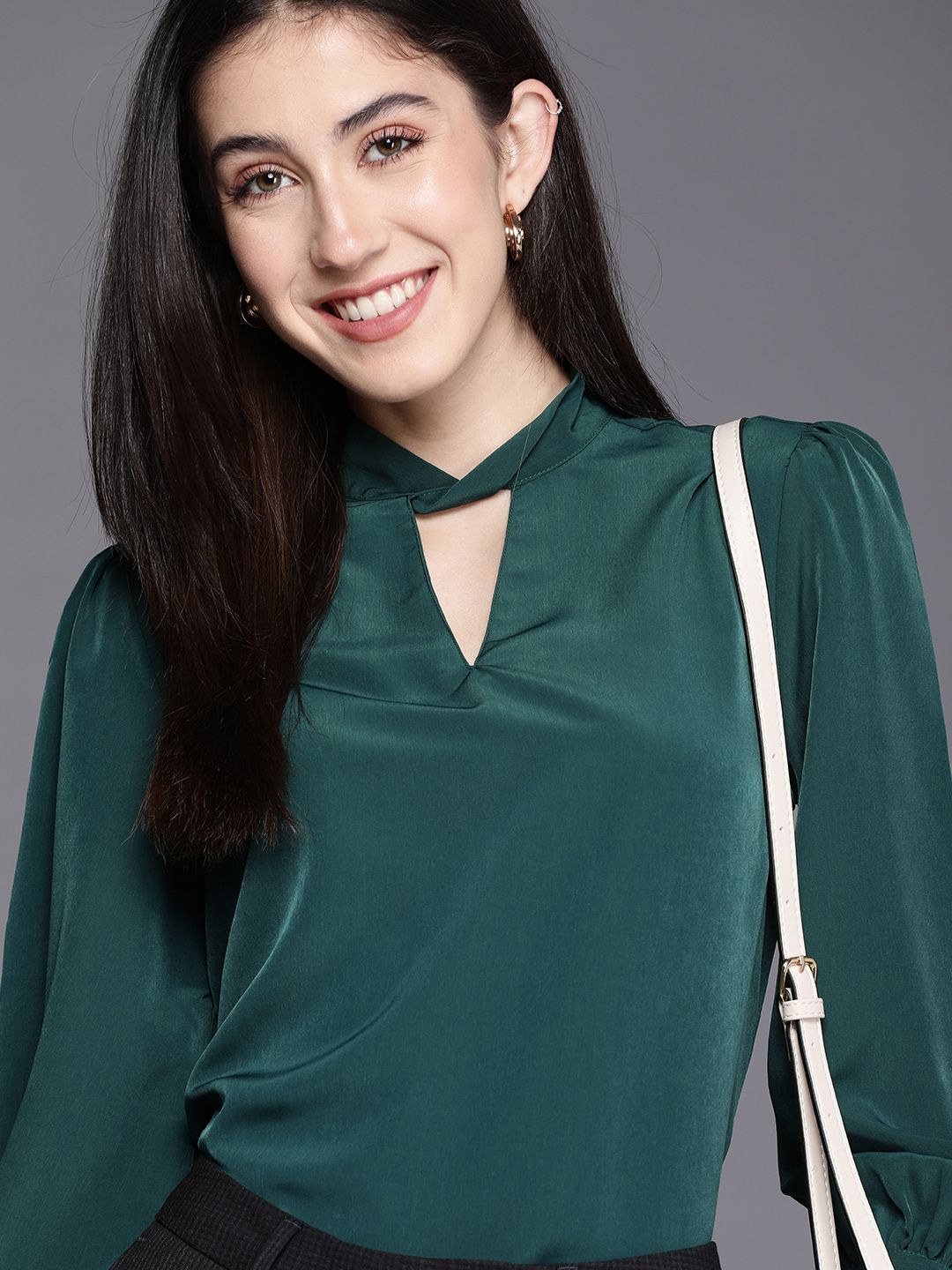Allen Solly Woman Green Solid Key-hole Neck Top Price in India