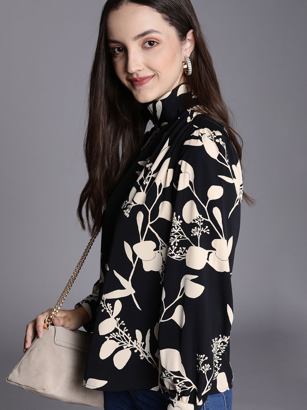 Allen Solly Woman Black Cream Coloured Floral Print High Neck