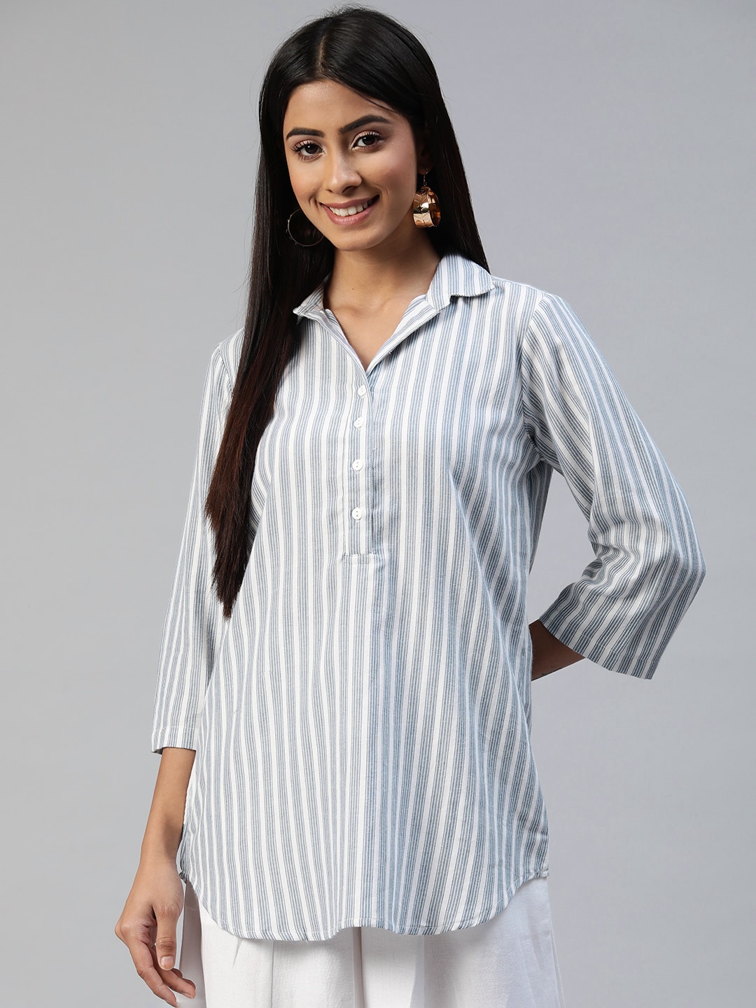 Ayaany Blue Striped Shirt Style Cotton Longline Top Price in India