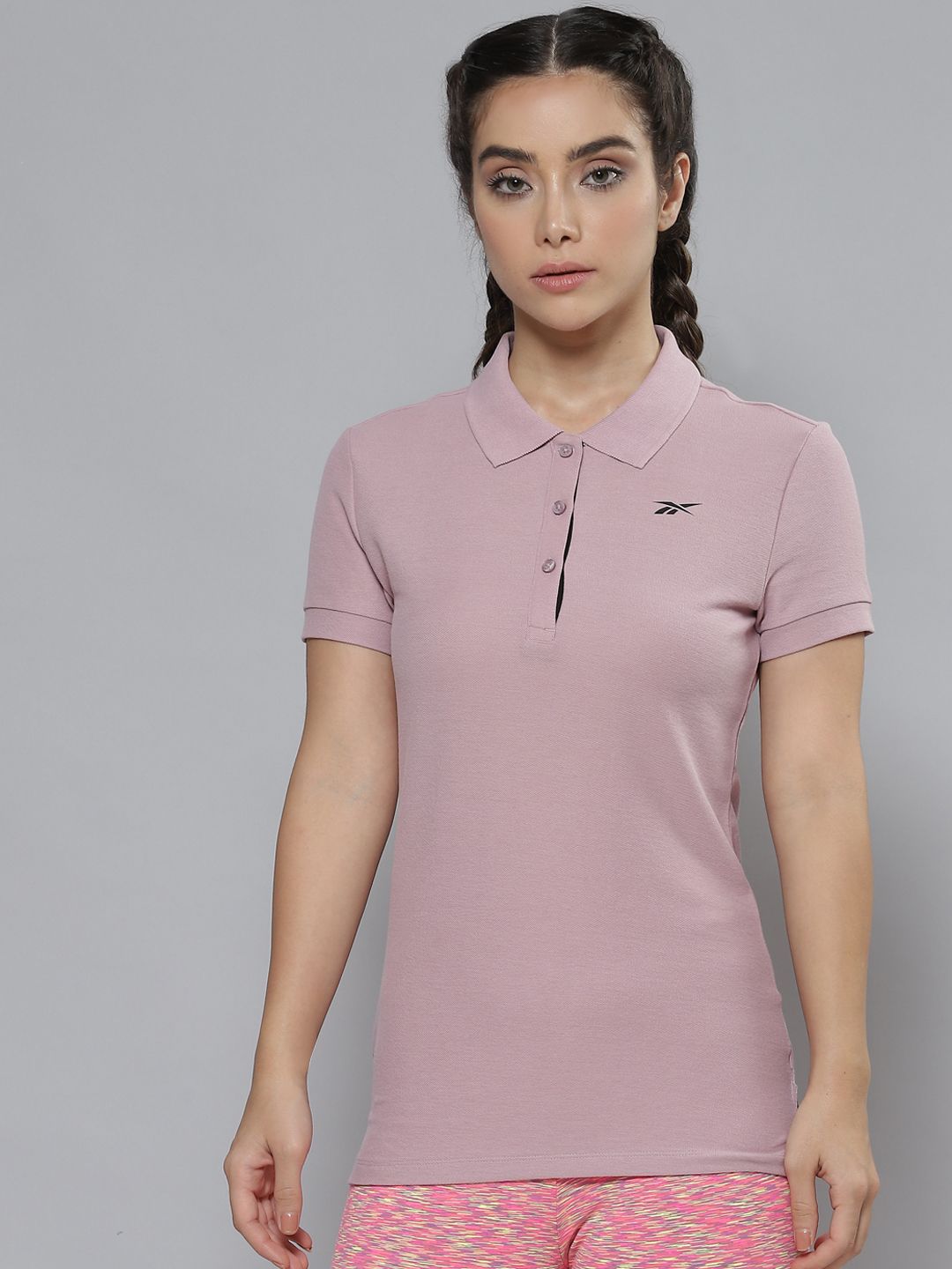Reebok Women Mauve Brand Logo Printed Polo Collar T-shirt Price in India