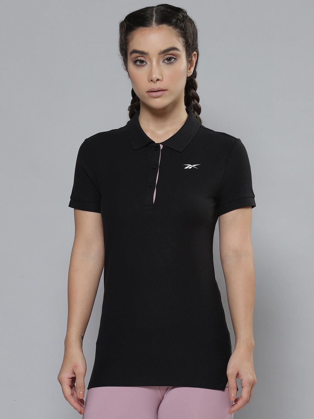 Reebok Women Black Brand Logo Print Detail Polo Collar T-shirt Price in India