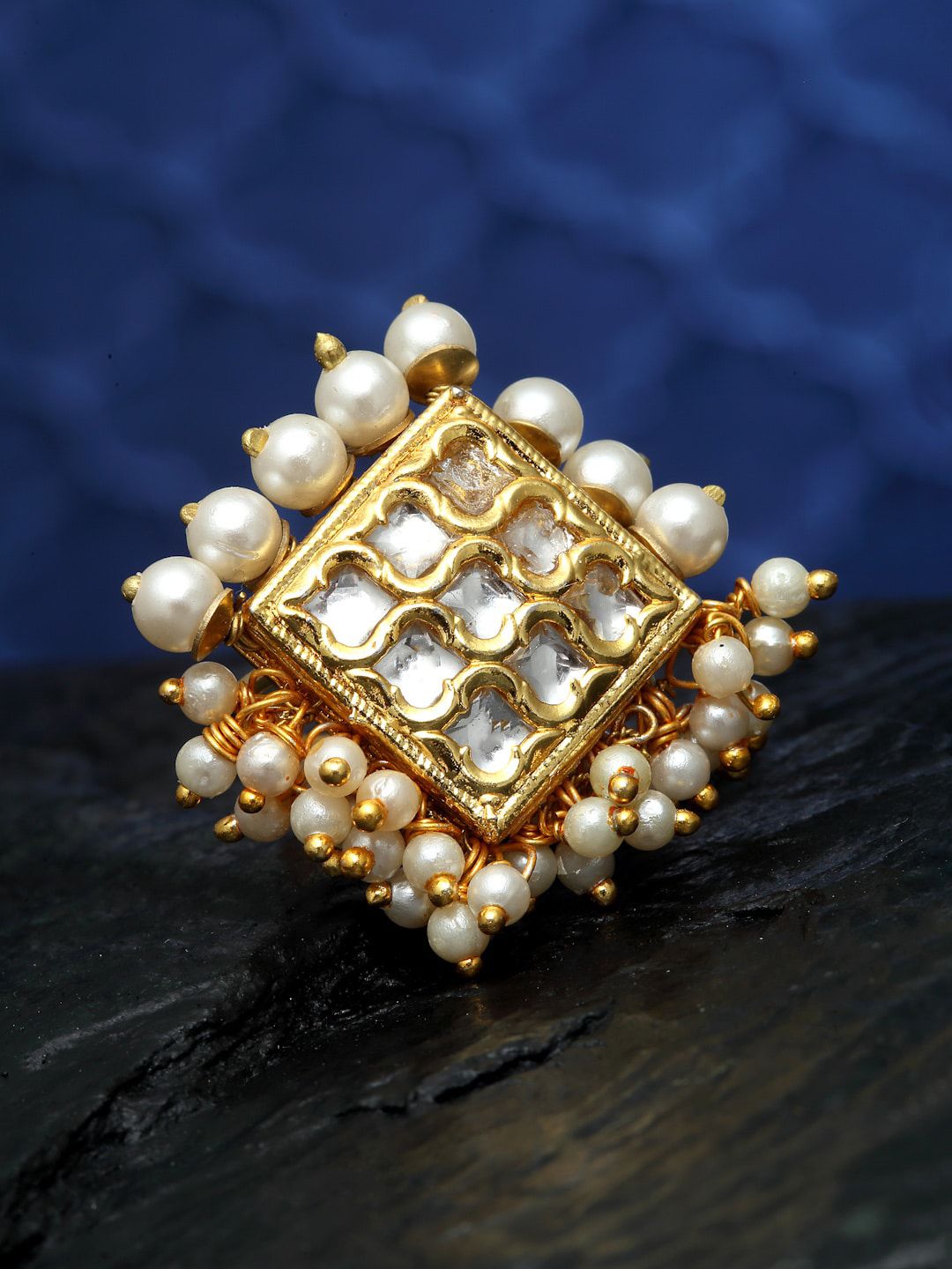 DUGRISTYLE Women Gold-Plated White Kundan & Pearl Studded Ring Price in India