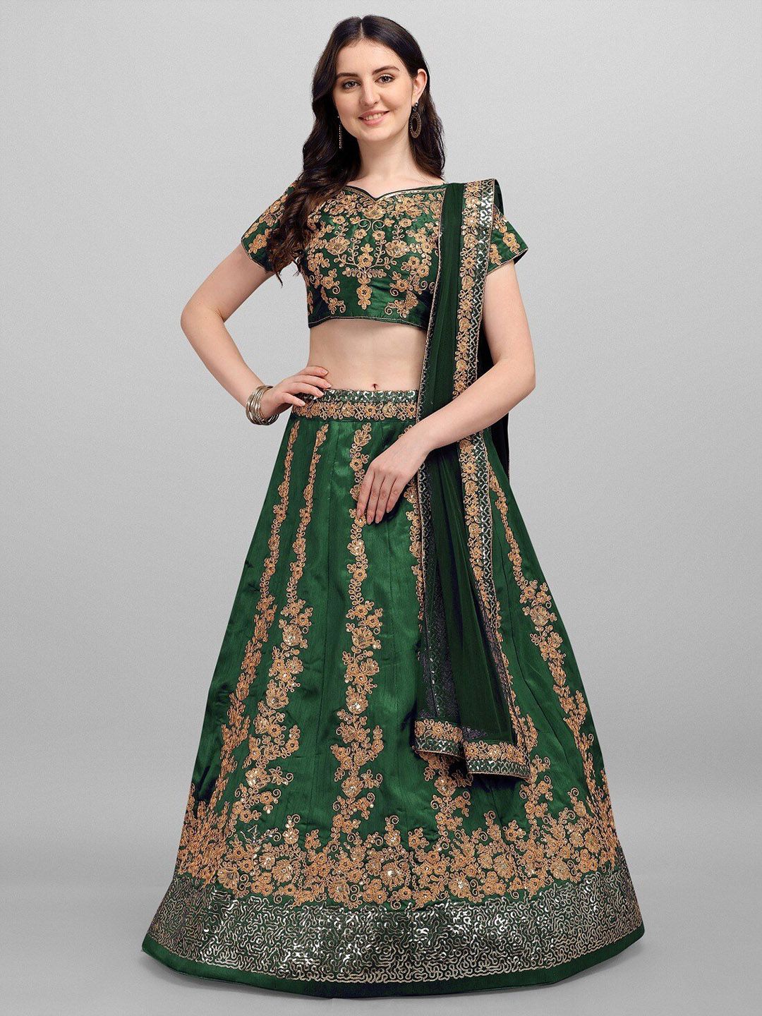 Fashionuma Green & Gold-Toned Embroidered Semi-Stitched Lehenga & Blouse With Dupatta