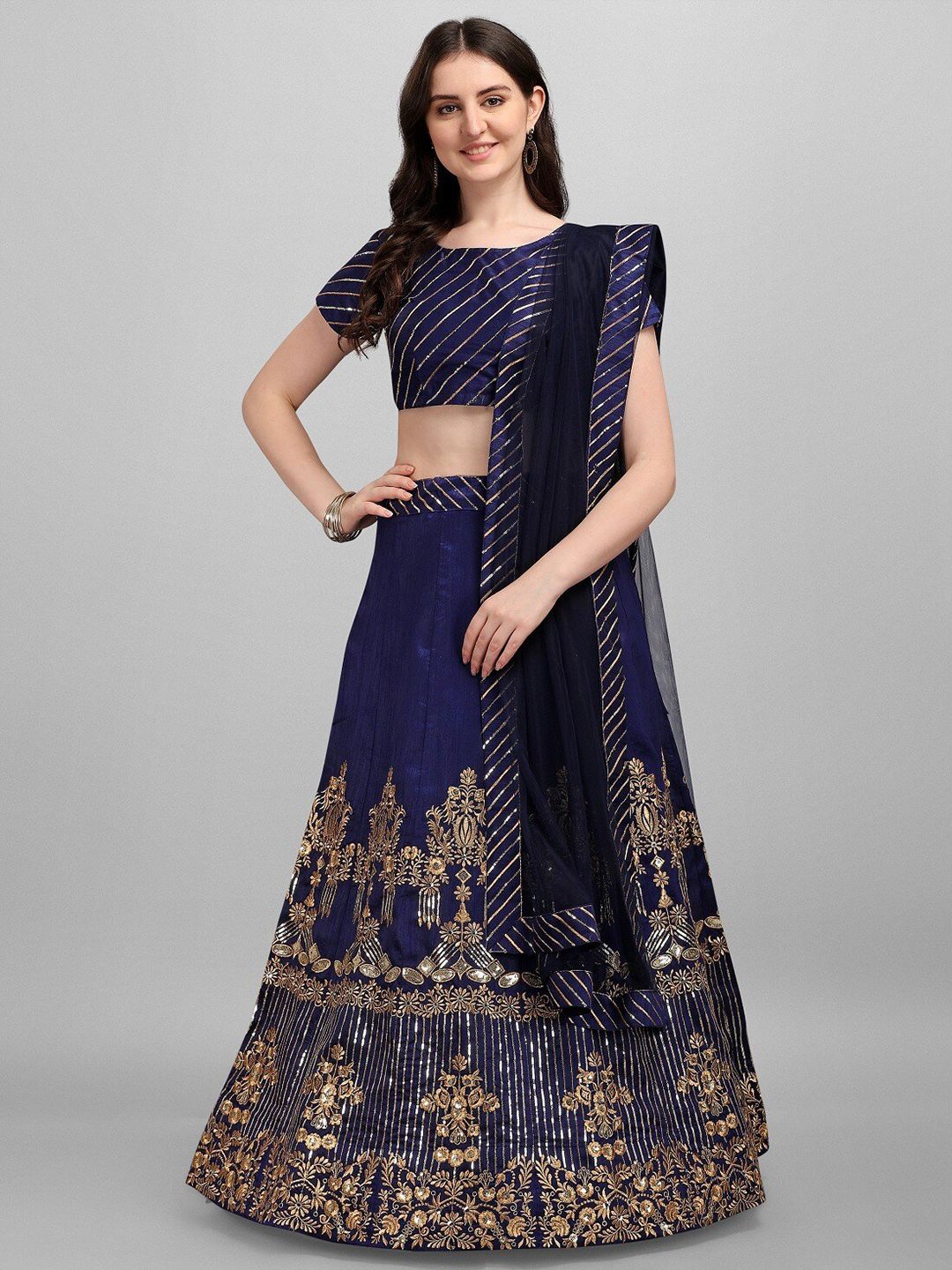 Fashionuma Blue & Gold-Toned Embroidered Semi-Stitched Lehenga & Blouse With Dupatta Price in India