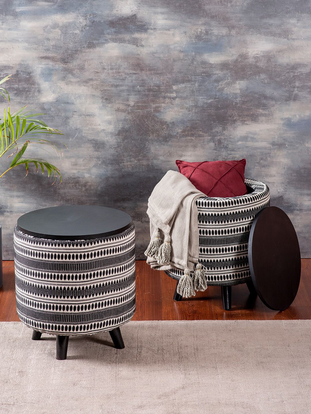 nestroots Pack of 2 Black & White 3 Legged Ottomans Price in India